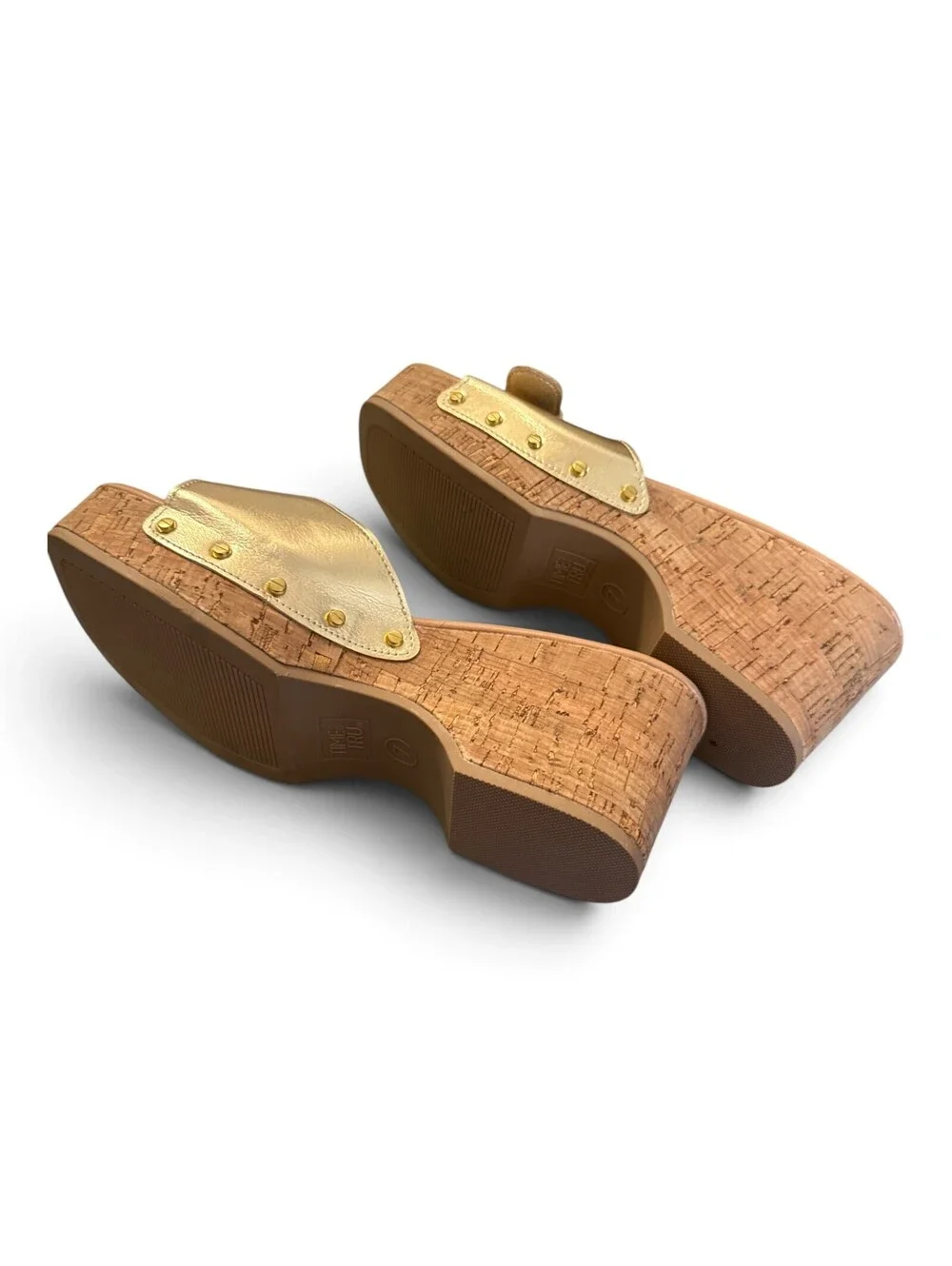 Time and Tru Gold Buckle Platform Wedge Slide Sandals